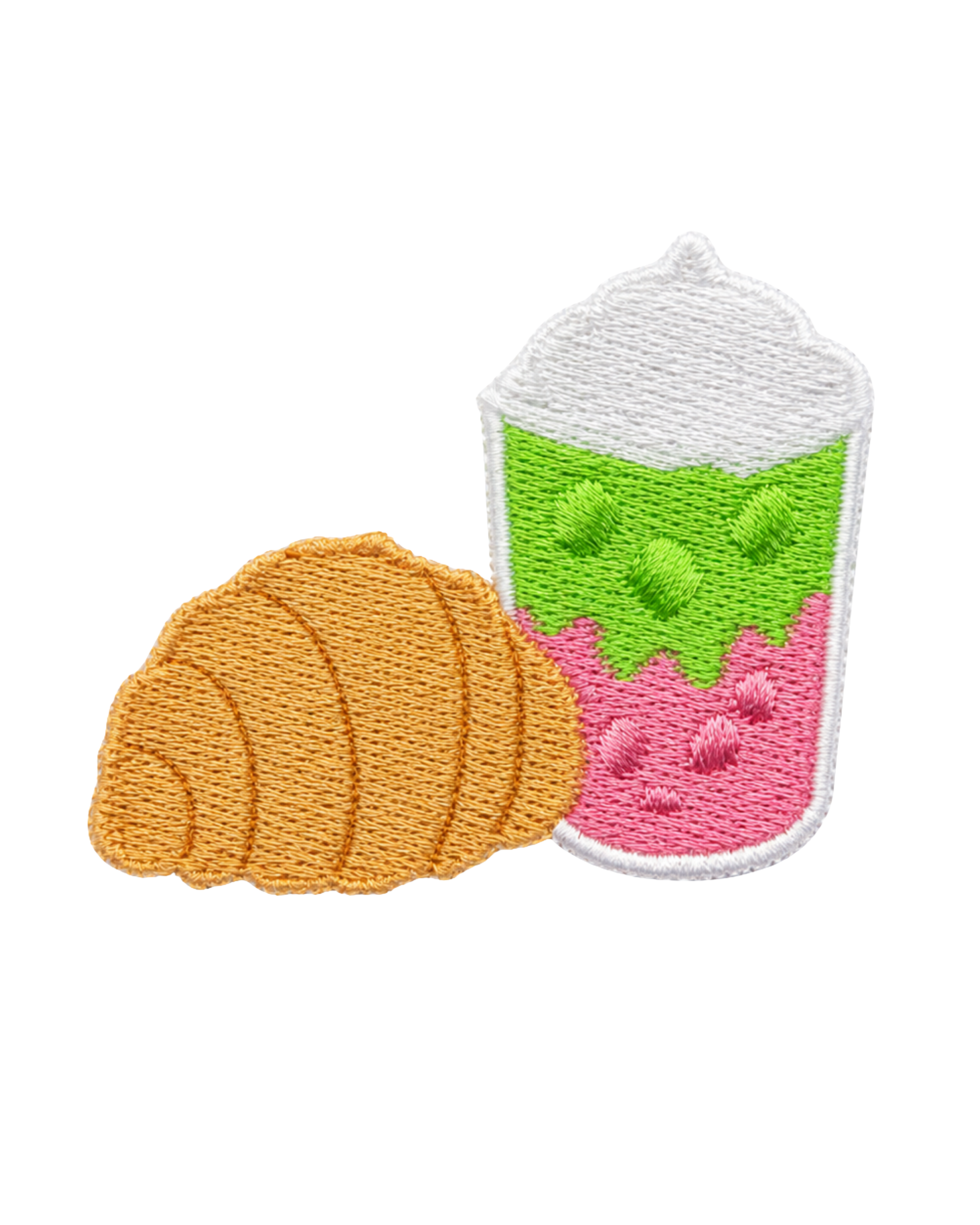 A croissant and a whipped coffee or drink patch, shown as a single embroidered applique design on a plain white background.